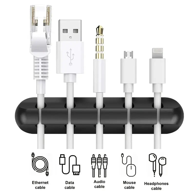 Silicone cable clip holding multiple data and network cables in place.